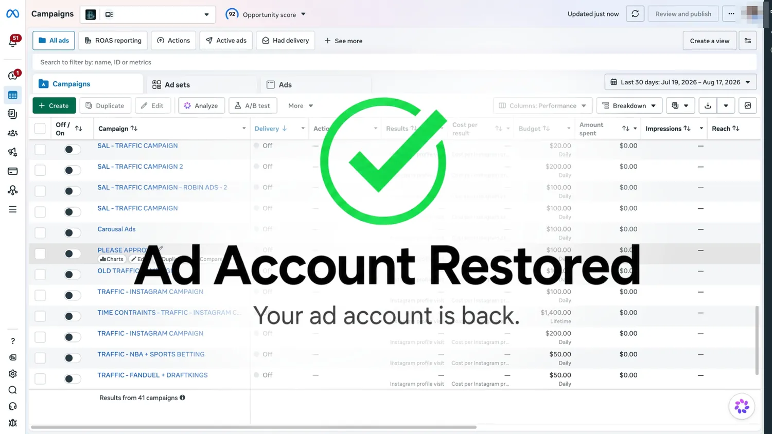 A Meta Ads Manager account marked as restored, with the message: your ad account is back